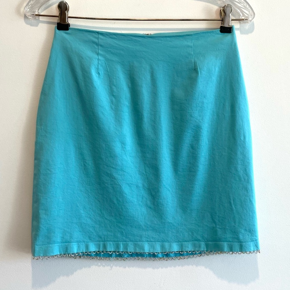 INC International Connection Turquoise Mini Pencil Skirt with Beaded Hem Size 4